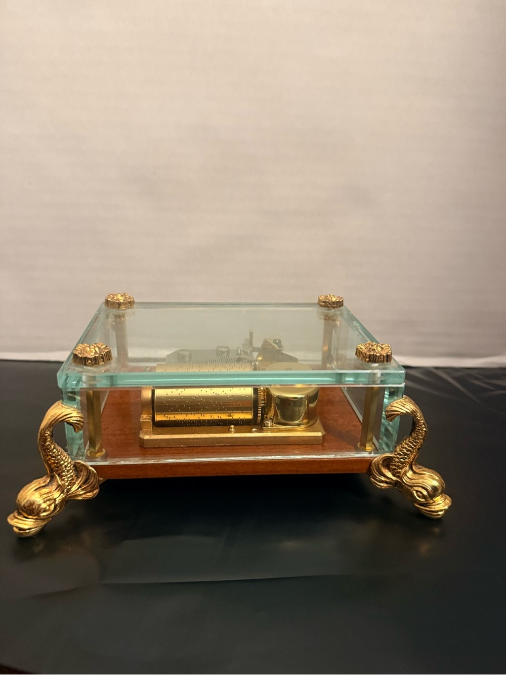 Glass and Gold Mechanical Music Box with Dolphin Feet